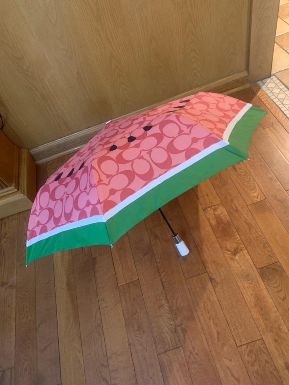 COACH Pink and Green Folding Umbrella -  discontinued watermelon print 44